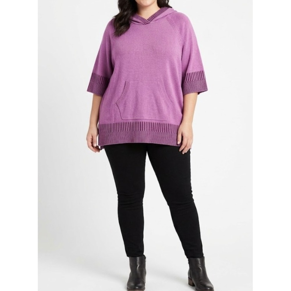 Isaac Mizrahi Knit Hoodie XL Purple Short Sleeve Pullover Relaxed Sweater